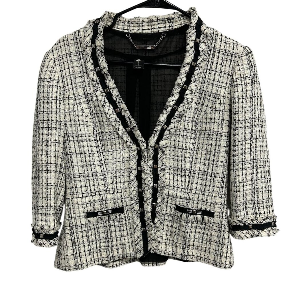 White House Black Market Tweed Blazer Black Raw Trim Hook Closure Size 2